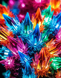 Fototapeta Kwiaty - Cluster of colorful fantasy glowing crystals, close-up abstract bright multicolor background