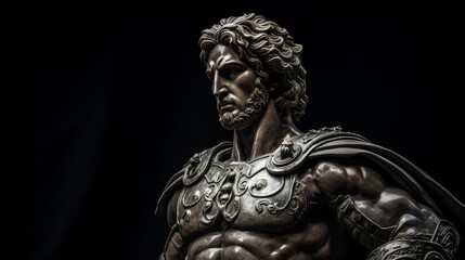 Roman marble statue of a heroic warrior adorned with ornate armor and a determined look