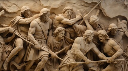 Wall Mural - Stone relief portraying Roman soldiers in intense battle