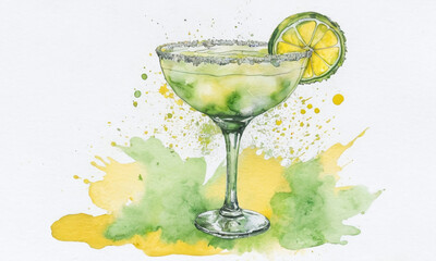 Margarita cocktail Illustration with watercolour splashes on a white background.