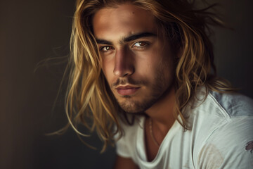 Wall Mural - Close-up portrait of a very handsome young man with brown eyes, long blond hair, and a short beard, wearing a white shirt - copy space, isolated, dark background