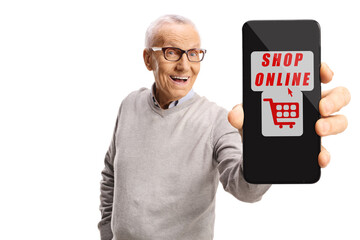 Poster - Elderly male customer holding a smartphone with shop online app