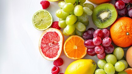 Organic fruit assortment on a white background. A natural and tasty vegetarian option.