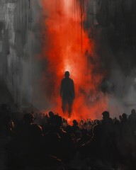 man standing front crowd people digital horror red ascending sinister social encounters member endless flares hunger faceless wanderer taller than eternal