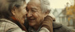 An elderly man and woman are joyfully laughing together in a heartwarming moment of shared happiness.