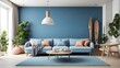 Modern interior design living room with sofa, interior home mock-up design.Modern living room interior design featuring a blue sofa and a circular table by the window


