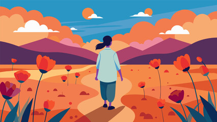 Wall Mural - A digital painting of a person walking through a field of flowers representing their newfound sense of joy and peace after undergoing ketamine.