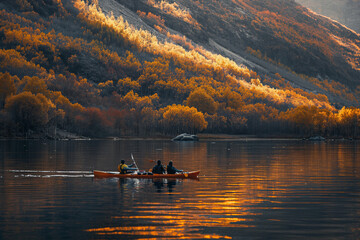 Wall Mural - Couple on a serene kayaking journey in a mountainous region