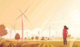 Fototapeta  - Young woman standing in front of wind turbines in the field. Vector illustration