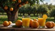 Compose an image of orange juice served in a rustic setting amidst an orange orchard. Capture the ultra-realistic details of the lush greenery, ripe oranges, and the inviting glass -Ai Generative