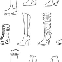 Collection of women's shoes, female boots line illustrations, vector seamless pattern background