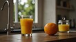 Craft an image of a glass of orange juice placed on a kitchen countertop as part of a morning routine. Pay attention to the ultra-realistic details of the kitchen environment-Ai Generative