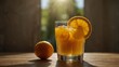 Craft an ultra-realistic image of a glass of freshly squeezed orange juice on a breakfast table bathed in sunlight. Capture the condensation on the glass, the vibrant color of the juice,-Ai Generative