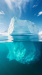 A large iceberg floating in the ocean, partially submerged, showing its impressive size and scale.