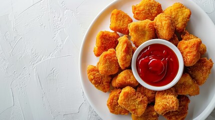 Wall Mural -   A white plate holds tater tots, browned and atop it, while a nearby bowl brims with ketchup
