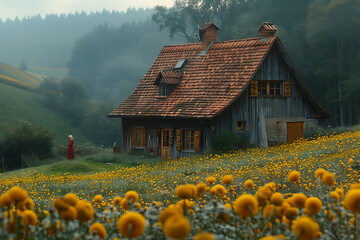 Poster - landscape with flowers and windmill