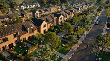 Aerial view of rows of new build modular terraced houses in the UK with characterless design for first time buyers