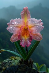 pink flower yellow centers rock reflective orchid rain jungle forest peak fairy aesthetics exquisite after princess ultra