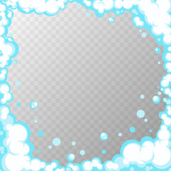 Wall Mural - Soapy foam with bubbles. Frame of cartoon shampoo and shaving mousse foam suds. Clouds border. Vector illustration