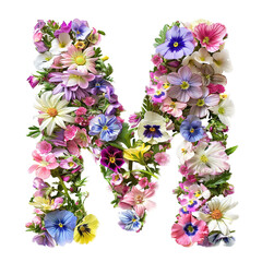 Wall Mural - Flower font alphabet M made of colorful floral letter isolated on white background. Spring or summer flower font.
