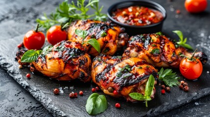 Wall Mural -   A tight shot of a chicken on a cutting board, surrounded by tomatoes and herbs on a slate surface A small bowl of sauce sits nearby