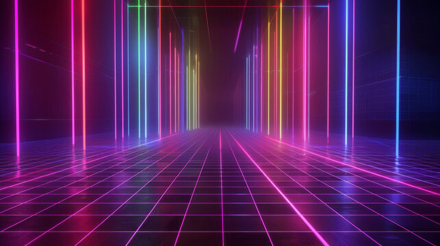 3d render of colorful neon light laser lines flying in dark room with grid floor, night club party background