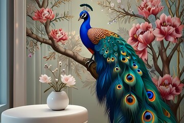 3d mural background blue peacock on branch wallpaper . with flowers for interior home wall
