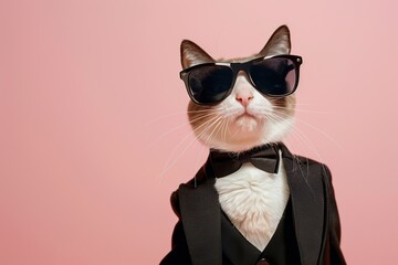 Wall Mural - Cute cat in modern tuxedo and sunglasses on pink background