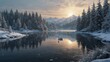Craft an image of Swan Lake in winter, with the water partially frozen and snow covering the surrounding landscape. Capture the ultra-realistic details of the icy lake, the snow-capped -Ai Generative