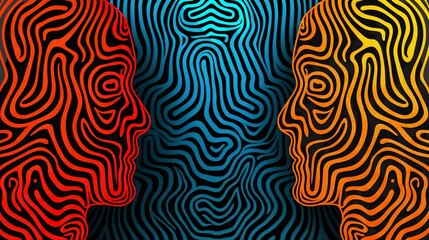 three abstract, vibrant profiles composed of wavy face to face lines in contrasting colors