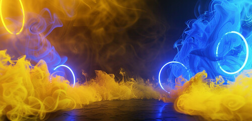 Sticker - Vivid yellow haze and deep blue neon circles, contemporary art setup.