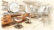 a sketch of a modern and stylish salon interior with wooden fixtures and large mirrors