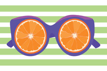 Summer Sunglasses With Orange Discs. Light Green Striped Background. DOPAMINE COLORS. Waves, Colored Streaks, Orange, Violet, Green. It Can Be Used For Design Websites, Advertisement