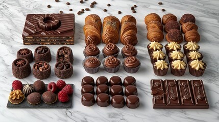 Poster -   A white marble countertop is adorned with an array of cakes and pastries