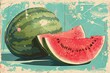 A stylized illustration of a whole watermelon with a juicy slice cut out