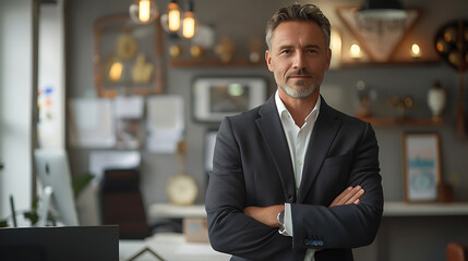 Mature businessman with arms crossed in modern office.