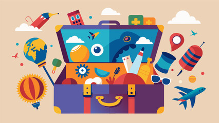 Wall Mural - A sense of wanderlust fills the air as the old suitcase is pried open revealing a bounty of trinkets from around the world from exotic es to feathered. Vector illustration