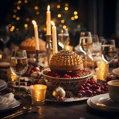 Festive table setting for Christmas and New Year dinner. Festive table with food and drinks.