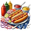Watercolor of Illustration of classic American hot dogs fully dressed with mustard, ketchup, and fresh vegetables, presented on a patriotic-themed napkin.
