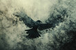 A crow with feathers that transition into shadows and smoke, flying over a landscape of surreal, warped perspectives,
