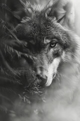 Poster - A spirit wolf enveloped in swirling mist, its eyes glowing with ancient wisdom, guiding a path through an ethereal forest,