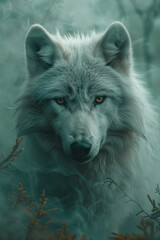 Poster - A spirit wolf enveloped in swirling mist, its eyes glowing with ancient wisdom, guiding a path through an ethereal forest,
