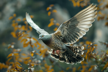 Poster - A mottled gray and white pigeon in mid-flight, wings flapping rapidly, symbolizing haste or escape,