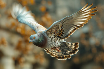 Poster - A mottled gray and white pigeon in mid-flight, wings flapping rapidly, symbolizing haste or escape,
