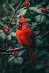 Aufkleber - A bright red cardinal perched quietly with a slight tilt of the head, feathers smooth, representing curiosity,