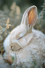 Wall Mural - A soft pink rabbit with relaxed ears and a calm posture, nestled in soft grass, depicting tranquility,