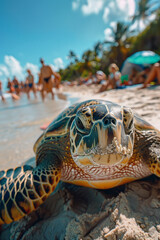 Poster - A green turtle tucked tightly within its shell on a crowded beach, symbolizing anxiety and withdrawal,