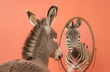 Donkey in front of the mirror with reflection of zebra. AI generative art