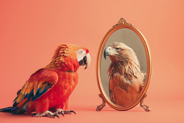 Wall Mural - Parrot in front of the mirror with reflection of eagle. AI generative art