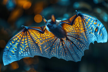 Fototapete - A bat with wings that display glowing psychedelic patterns, lighting up the night as it flies,